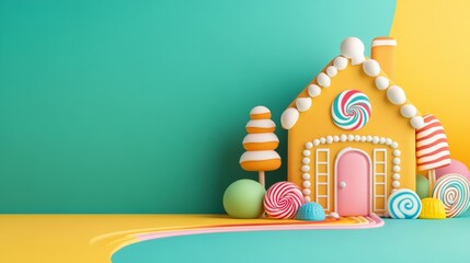 Whimsical gingerbread house with candy swirls, lollipop trees, and a rainbow pathway, set on a vibrant gradient background transitioning from yellow to teal 