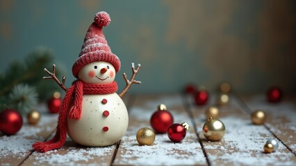 Obraz premium Vintage Winter Wonderland: A Retro Snowman with Faded Red Accessories Surrounded by Classic Ornaments
