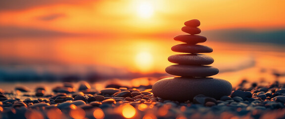 A serene stack of balanced stones on a calm beach, symbolizing peace and mindfulness