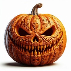 Intricately carved pumpkin with sinister facial features, perfect for Halloween-themed designs, decorations, or promotional materials.