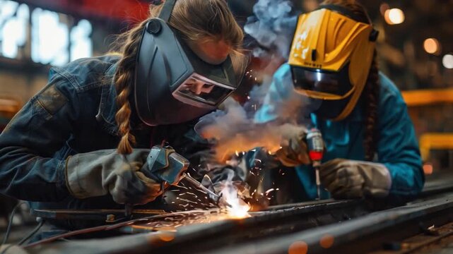 A technical workshop scene shows students wearing protective gear and focusing on our tasks as they weld metal pieces
