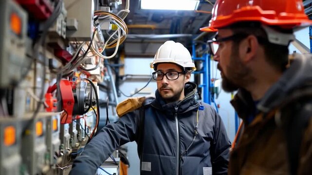 An electrician works on an industrial wiring diagram and adjusts complex machinery in an industrial factory setting.