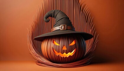 A spooky, creatively designed Halloween pumpkin with a witch hat, perfect for festive decorations, marketing, and seasonal themes.