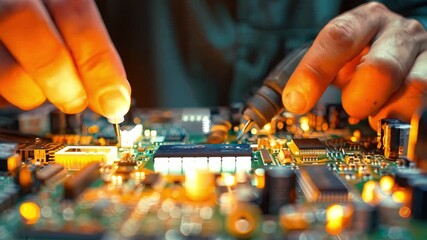 An electrical technician is shown soldering components on a circuit board up close, demonstrating technical accuracy and proficiency in electronics assembly.