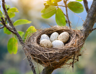 Obraz premium Ptasie gniazdo z jajkami na drzewie