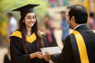 Indian female student wearing a black and yellow graduation gown, receiving her diploma from principal She is smiling while shaking hands with him.