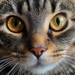 A closeup of a cats face, with detailed fur and bright eyes, looking directly into the camera with curiosity