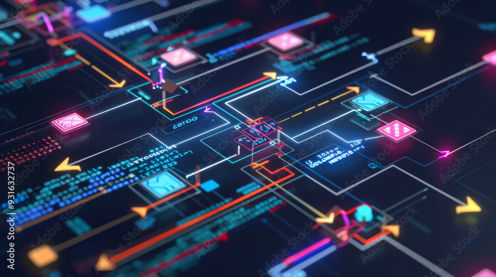 Aufkleber Block diagram with a bunch of algorithmic structures and arrows transforming pseudocode on a dark background. Technology concept.