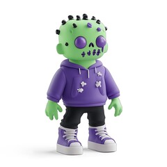 Cartoonish zombie character with green skin, wearing purple hoodie and sneakers. 3D render illustration on white background. Halloween Art Toy Character Design.