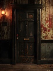 Aged Wooden Door in Gloomy Abandoned Room with Vintage Lantern Lighting