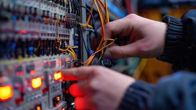 Apprentices collaborate on an electrical systems project in an industrial factory while a mentor assists them in troubleshooting an electrical panel during industrial electrical system training.