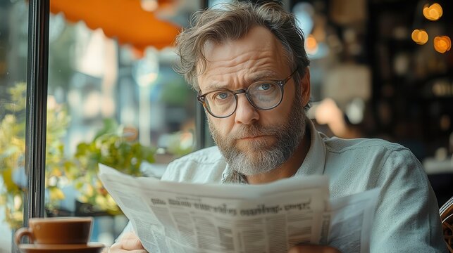 A man with a beard and glasses, sitting in a cafe by the window, reading a newspaper with a cup of coffee in front of him - Powered by Adobe