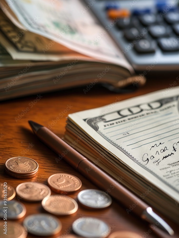 Poster A stack of cash and coins accompany an open notebook filled with notes and financial calculations resting on a wooden desk. Generative AI