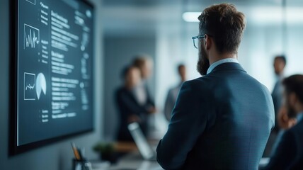 Business team in a conference room, agenda with follow-up sections projected on the wall, lively discussion around next actions, agenda review, follow-up action items