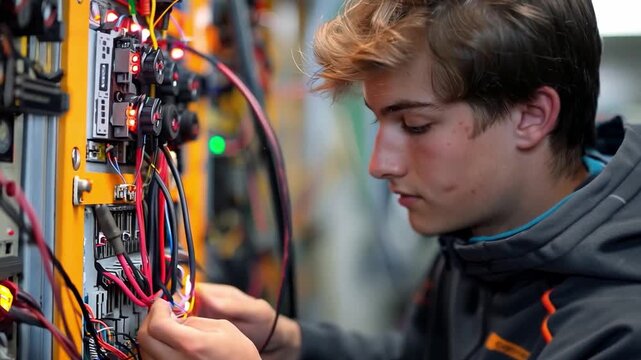 Apprentice working on a practice electrical panel in a vocational school lab