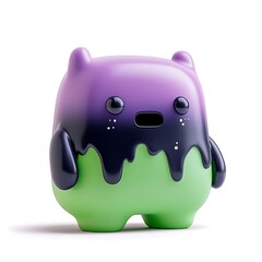 Colorful cute toy character with a whimsical design, blending purple and green hues, capturing a playful and imaginative aesthetic. Halloween Art Toy Character Design.