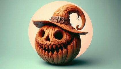 A whimsical carved pumpkin with a witch's hat, perfect for Halloween-themed projects, decorations, or festive marketing materials.
