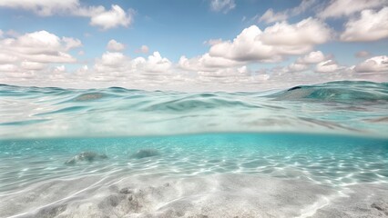 a serene view of the ocean. The water is a beautiful shade of turquoise, with gentle waves creating a sense of movement. The sky above is mostly clear