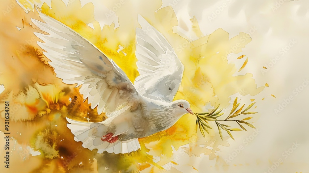 Wall mural This piece presents a white dove holding an olive branch amid golden yellow hues, highlighting themes of peace, spiritual ascension, and unwavering hope.