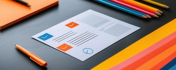 Overhead view of a table with printed agenda, team providing feedback through written notes and colored markers, agenda analysis, collaborative feedback session
