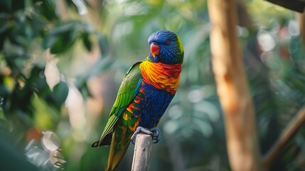 beautiful colored rainbow lorikeet parrot in the zoo sitting on a stick