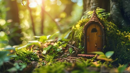 Little wooden fairy tale door in a tree trunk