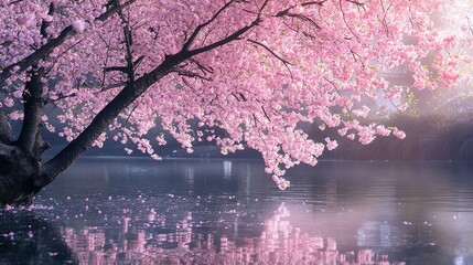 Cherry Tree Planted by the River. A Serene Scene Featuring a Cherry Tree with Vibrant Red Fruit, Nestled Alongside a Gentle Riverbank, Emphasizing Natural Beauty and Tranquility.