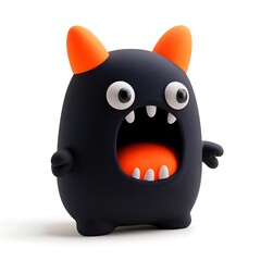 Naklejka premium Cute and funny black cartoon monster with large mouth and orange ears, perfect for children's illustrations and playful designs. Halloween Art Toy Character Design.