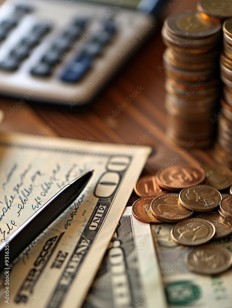 Fototapete A stack of cash and coins sits next to an open notebook filled with detailed notes and calculations on a wooden desk. Generative AI