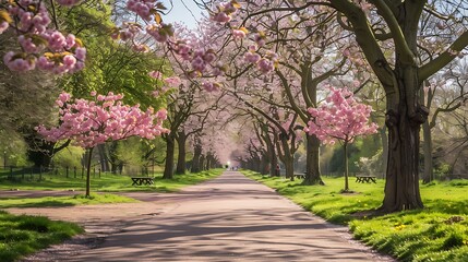 Naklejka premium Beautiful pink sakura blooming trees in greenwich natural park in the springtime