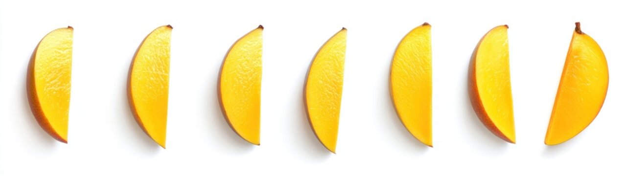 Eight Slices of Ripe Yellow Mango on White Background