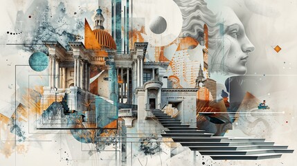 humanist composition of all arts combined: architecture, sculpture, painting, theater, dance and music. abstract collage with different figures combined for the background of a wallpaper