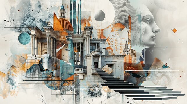 humanist composition of all arts combined: architecture, sculpture, painting, theater, dance and music. abstract collage with different figures combined for the background of a wallpaper