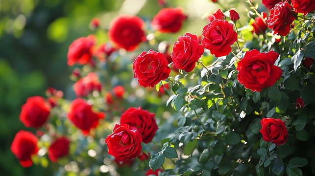 Close-up of vibrant red roses in full bloom on a green bush, bathed in sunlight.