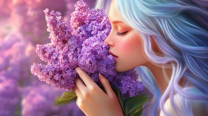 A charming girl with colorful hair holds a bouquet of vibrant lilac flowers enjoying the delightful scent in the air