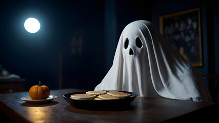 Halloween ghost eating pancakes in dark room.