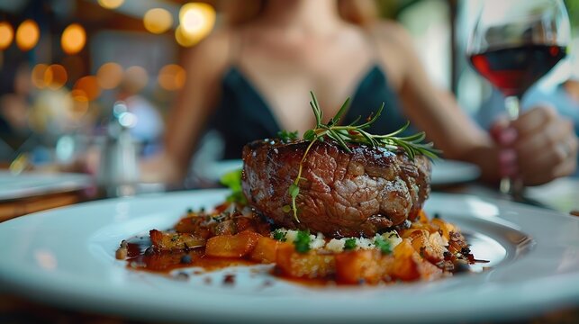 Woman makes mobile phone photo of baked beef meat in luxury restaurant Smartphone food photography of fine food dinner Woman hands taking phone photo of food in trendy style for social : Generative AI