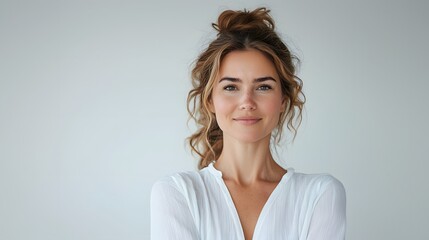 Fototapeta premium Confident Young Businesswoman with Chic Hairstyle and Radiant Smile
