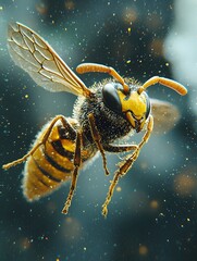 Detailed Macro Shot of a Flying Honeybee Pollinating a Flower