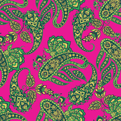 Floral fabric background with paisley ornament. Seamless pattern