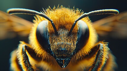 Detailed Macro Shot of a Vibrant Yellow and Black Honey Bee with Distinctive Fuzzy Texture