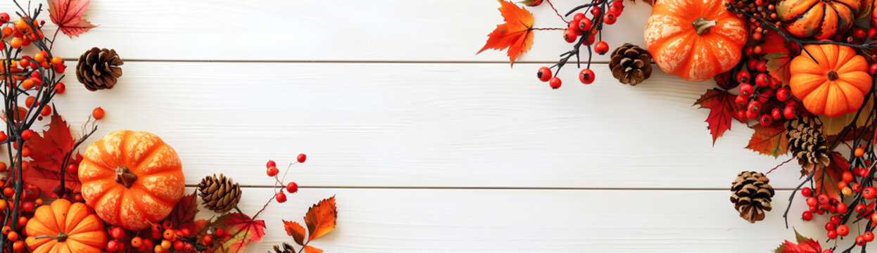 Autumn Composition of maple leaves, berry and pine cones on white table background.