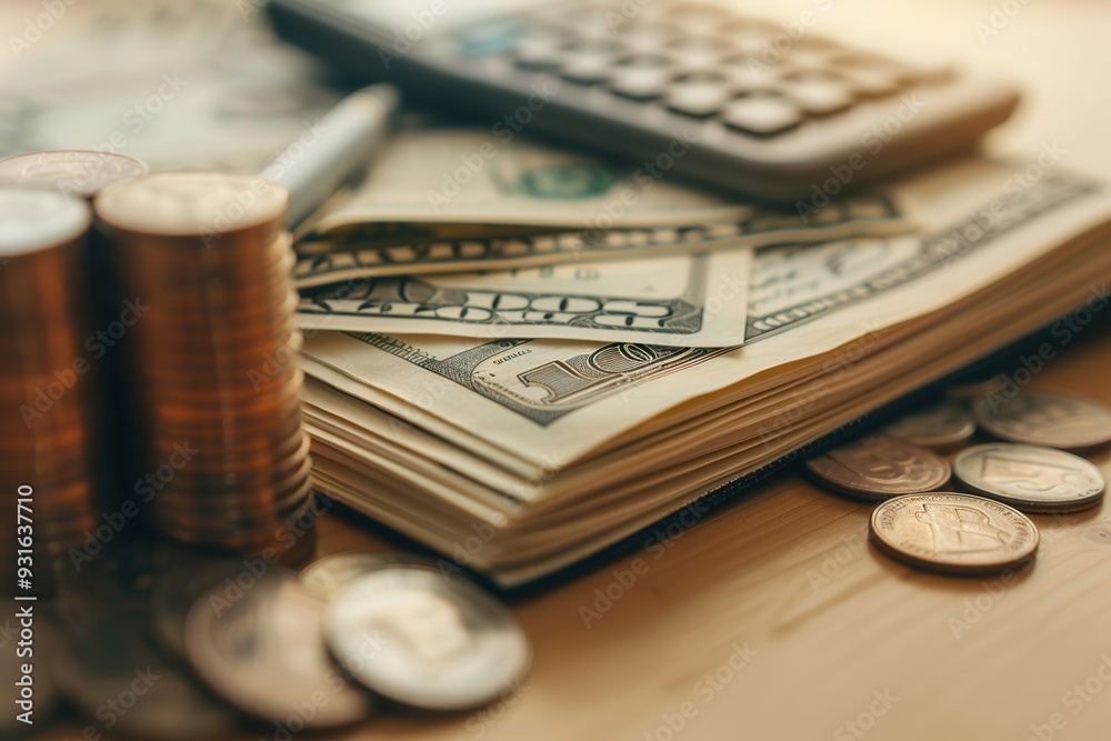 Poster A stack of cash and coins sits next to an open notebook filled with financial notes and calculations in a warm, inviting workspace. Generative AI