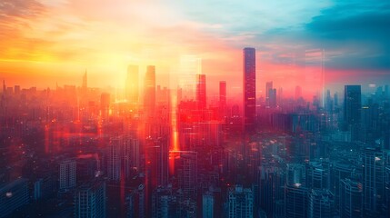 Fototapeta premium Dramatic Sunset Illuminating Futuristic Metropolis Skyline with Towering Skyscrapers