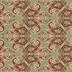 Floral seamless pattern with paisley ornament. illustration in asian textile style