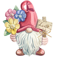 Watercolor illustration of a gnome with flowers holding the inscription love in his hand. Illustration of EA on a white background is suitable for Valentine's Day, Easter and other holidays.