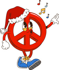 Retro groovy Christmas peace sign character wearing a Santa hat, singing with musical notes around. Isolated cartoon vector red peace sign embodies festive and harmonious spirit of the holiday season