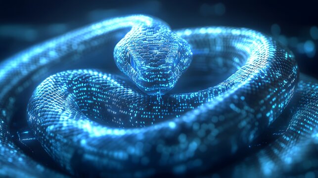 A digital serpent coiled in a perfect spiral, each scale etched with lines of complex Python code, backlit by a soft, glowing blue light, the blending of biological and digital elements creating an