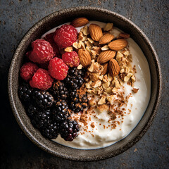 A bowl in which 1 cup of Greek yogurt, 1/4 cup of mixed berries and 1/4 cup of chopped nuts including almonds and walnuts are mixed together and sprinkled with some cinnamon