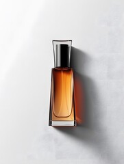 Elegant Glass Perfume Bottle with Amber Liquid in Minimalist Studio Setting